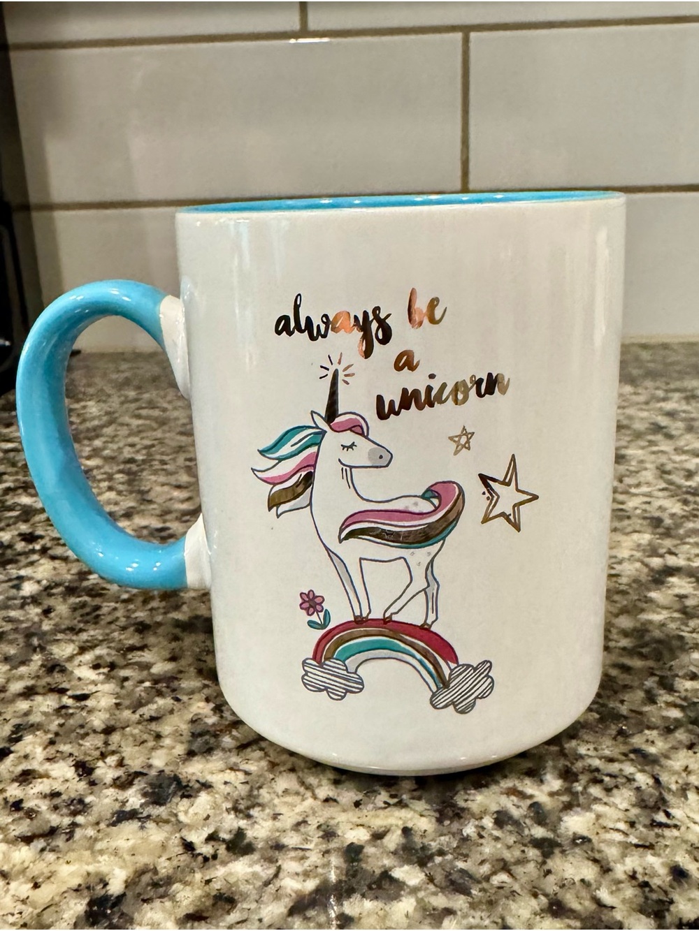 White Ceramic 11oz Mug Cup "Always be a unicorn" Gold accents Rainbow Magical